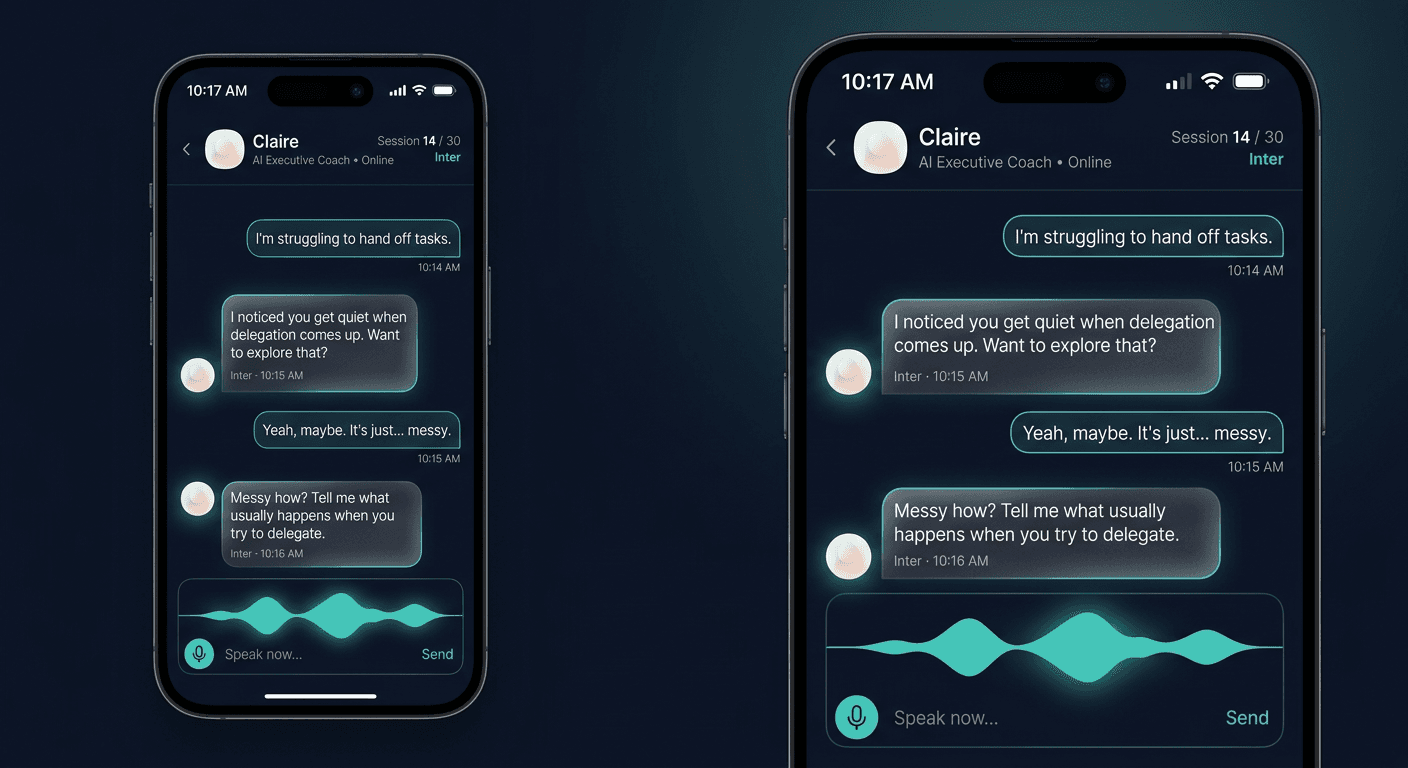 Sparkwell coaching interface — Coach Claire discussing delegation patterns with voice waveform active