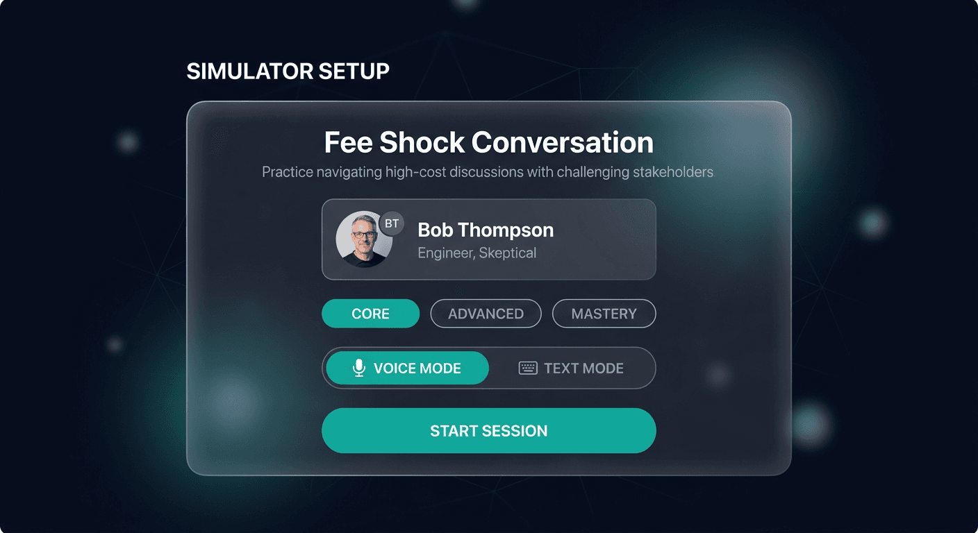Sparkwell practice simulator — Fee Shock scenario with Bob Thompson persona, Core difficulty, Voice mode selected